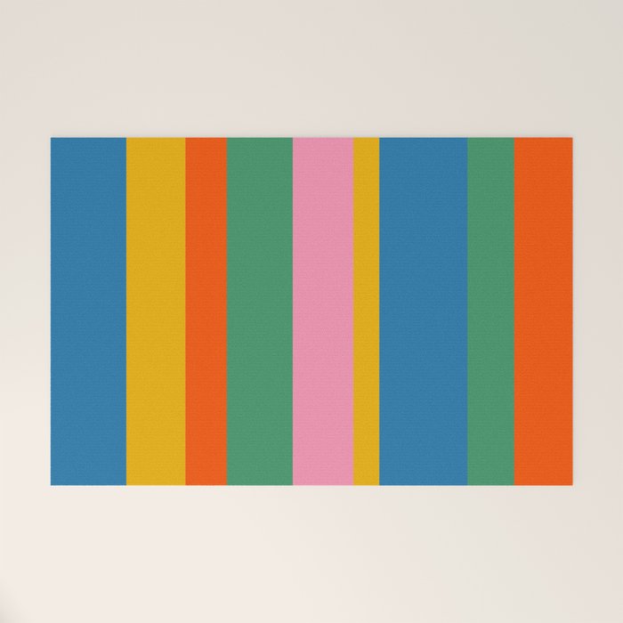 Colorful Retro Modern Vertical Stripe Pattern Blue Green Pink Orange Mustard Welcome Mat Gallery Image 1
