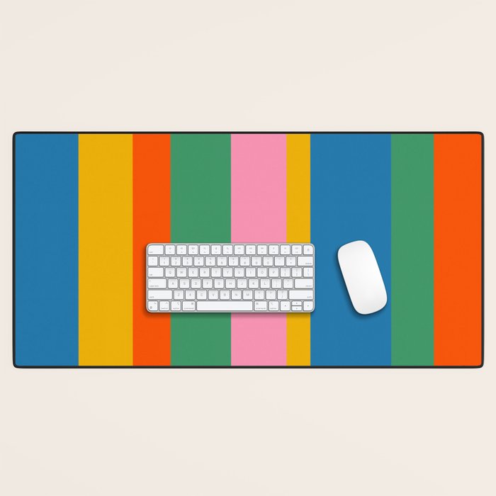 Colorful Retro Modern Vertical Stripe Pattern Blue Green Pink Orange Mustard Desk Mat Gallery Image 1