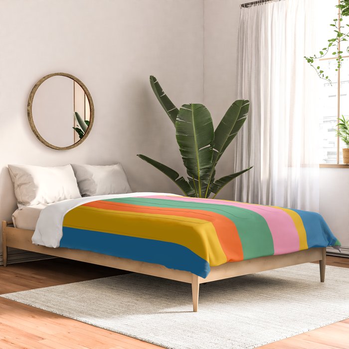 Colorful Retro Modern Vertical Stripe Pattern Blue Green Pink Orange Mustard Comforter Gallery Image 2