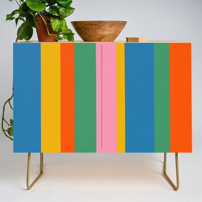 Colorful Retro Modern Vertical Stripe Pattern Blue Green Pink Orange Mustard Credenza Gallery Image 1