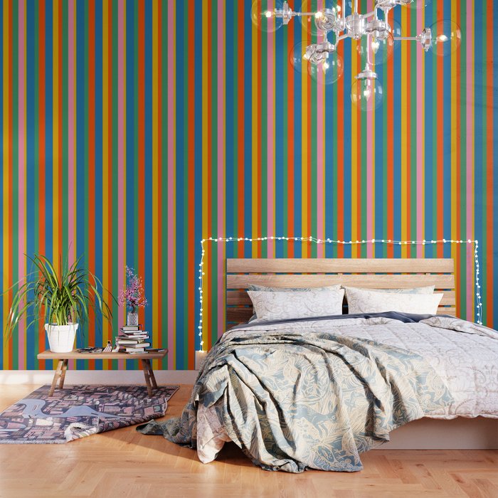 Colorful Retro Modern Vertical Stripe Pattern Blue Green Pink Orange Mustard Wallpaper Gallery Image 1