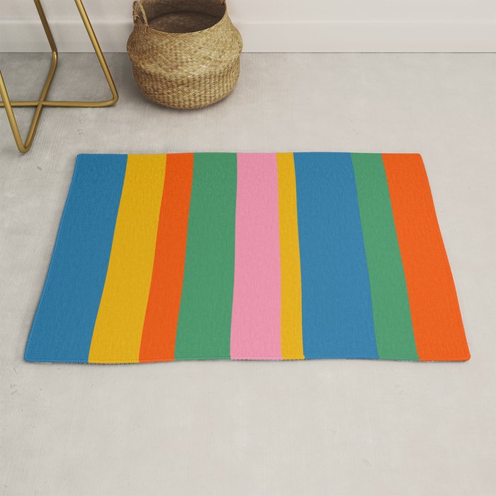 Colorful Retro Modern Vertical Stripe Pattern Blue Green Pink Orange Mustard Rug Gallery Image 1