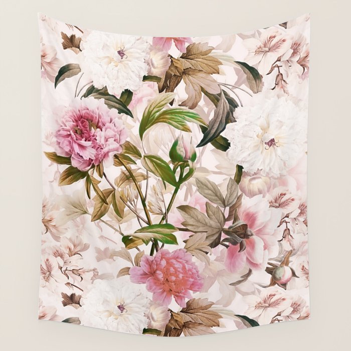 Vintage And Shabby Chic- Pink  Summer Peonies Antique Botanical Flower Garden Wall Tapestry Gallery Image 4