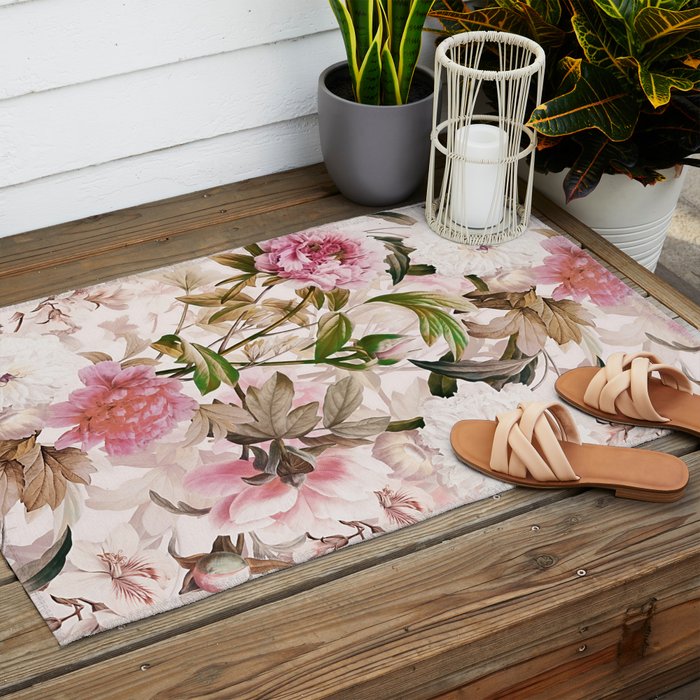 Vintage And Shabby Chic- Pink  Summer Peonies Antique Botanical Flower Garden Outdoor Rug Gallery Image 2