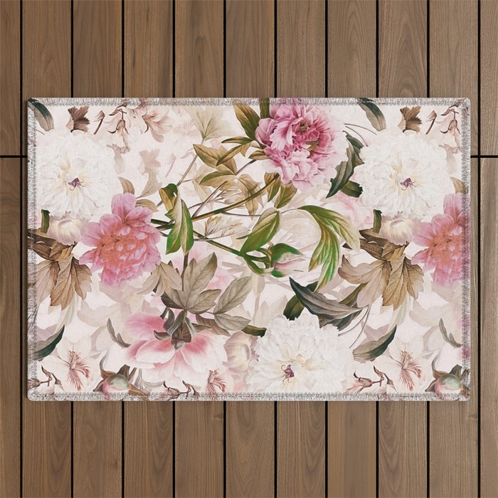 Vintage And Shabby Chic- Pink  Summer Peonies Antique Botanical Flower Garden Outdoor Rug Gallery Image 1