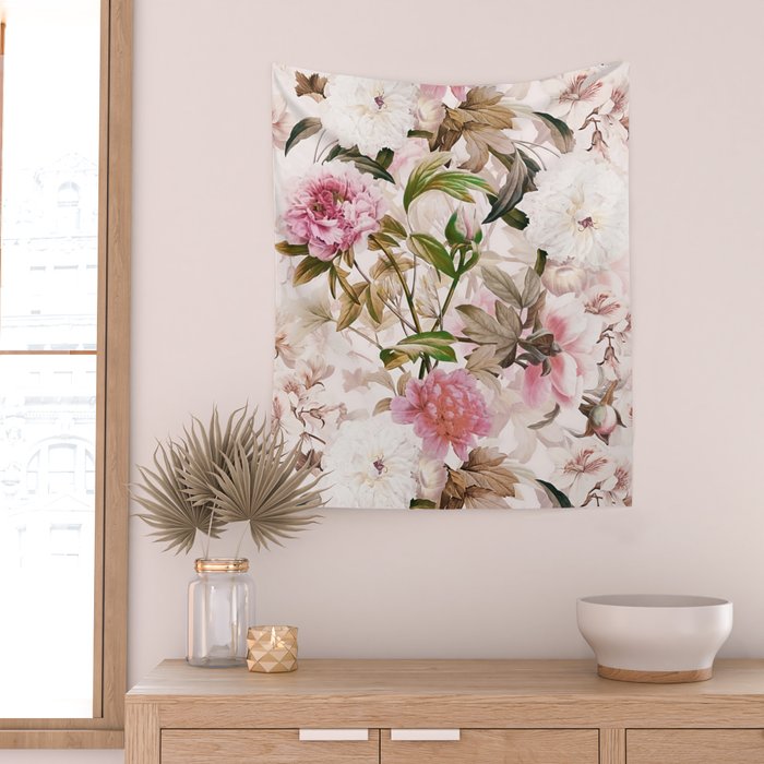 Vintage And Shabby Chic- Pink  Summer Peonies Antique Botanical Flower Garden Wall Tapestry Gallery Image 2
