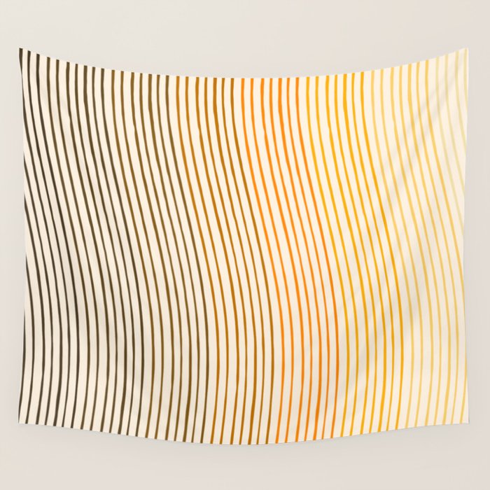 Organic Fine Lines Wavy Gradient Minimal Ink Stripe Pattern Brown Orange Yellow Wall Tapestry Gallery Image 4
