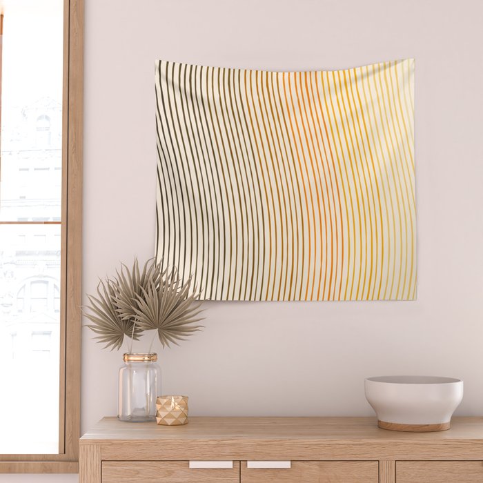 Organic Fine Lines Wavy Gradient Minimal Ink Stripe Pattern Brown Orange Yellow Wall Tapestry Gallery Image 2