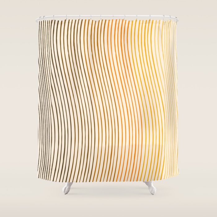 Organic Fine Lines Wavy Gradient Minimal Ink Stripe Pattern Brown Orange Yellow Shower Curtain Gallery Image 1