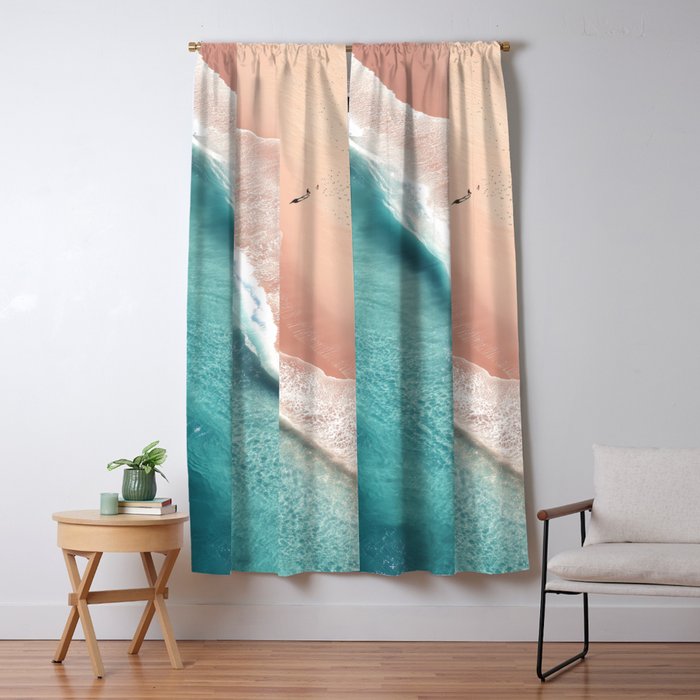 Pastel Coastline - Aerial View of Turquoise Sea and Blush Sand Window Curtain Gallery Image 1