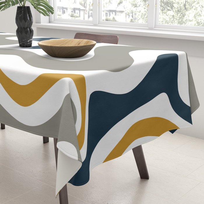 Liquid Swirl Abstract Pattern in Mustard, Navy, Gray, and White Tablecloth Gallery Image 3