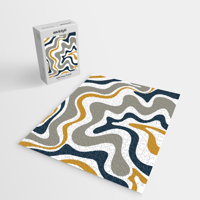 Liquid Swirl Abstract Pattern in Mustard, Navy, Gray, and White Jigsaw Puzzle Gallery Image 2