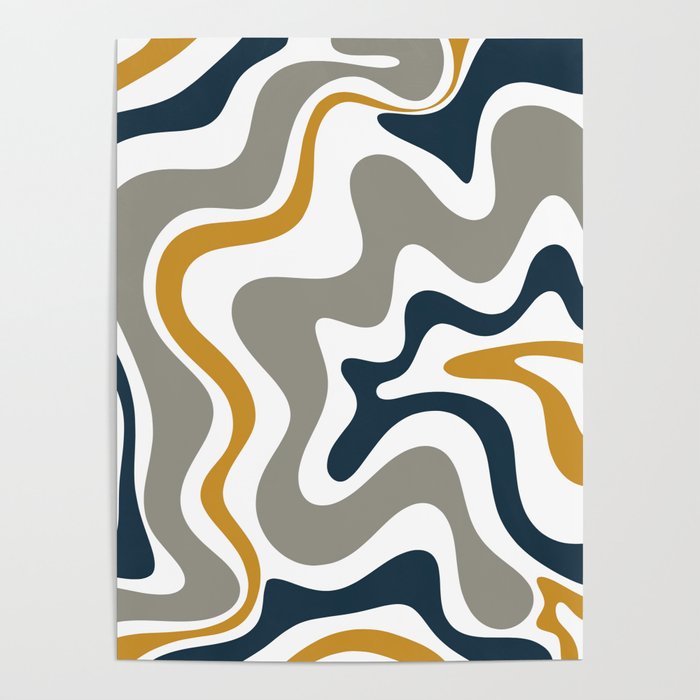 Liquid Swirl Abstract Pattern in Mustard, Navy, Gray, and White Poster Gallery Image 1