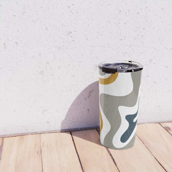 Liquid Swirl Abstract Pattern in Mustard, Navy, Gray, and White Travel Mug Gallery Image 4