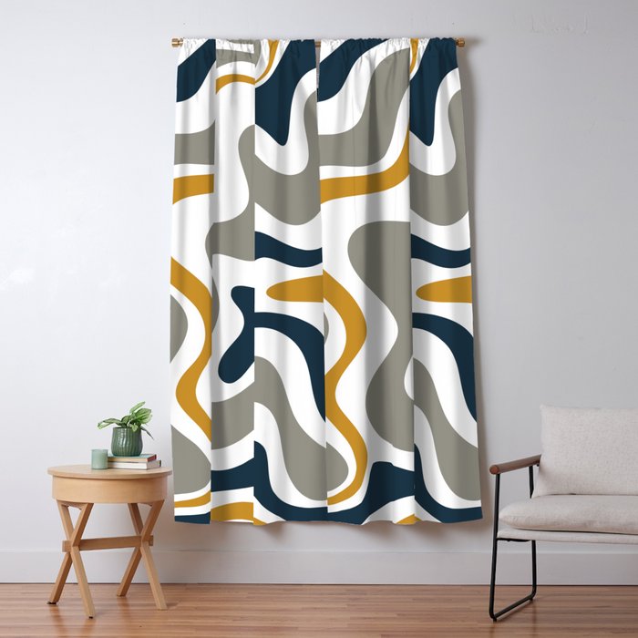 Liquid Swirl Abstract Pattern in Mustard, Navy, Gray, and White Window Curtain Gallery Image 5