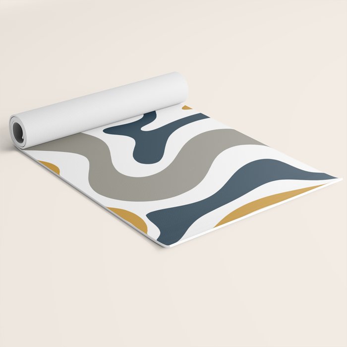 Liquid Swirl Abstract Pattern in Mustard, Navy, Gray, and White Yoga Mat Gallery Image 2