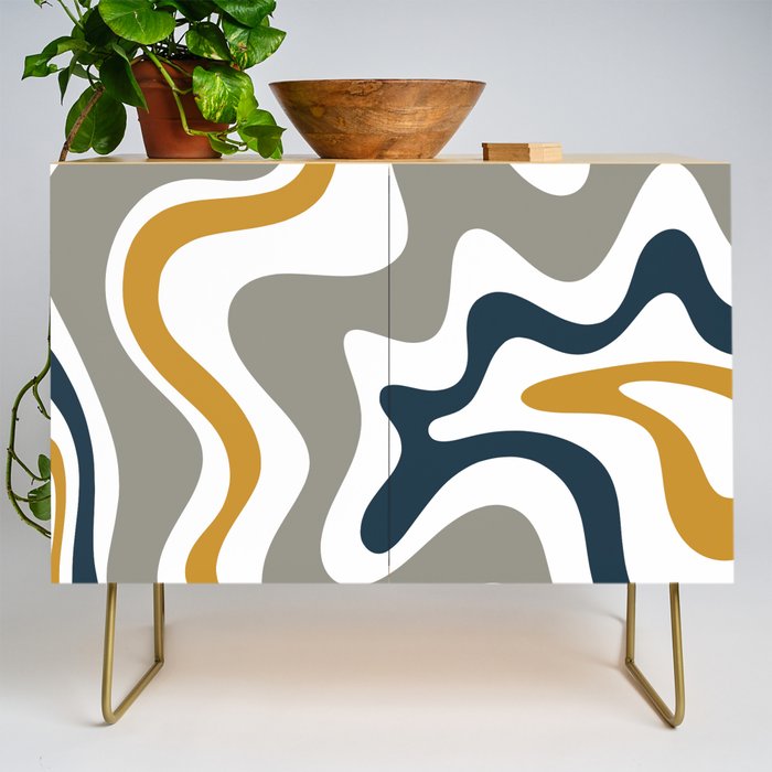 Liquid Swirl Abstract Pattern in Mustard, Navy, Gray, and White Credenza Gallery Image 1