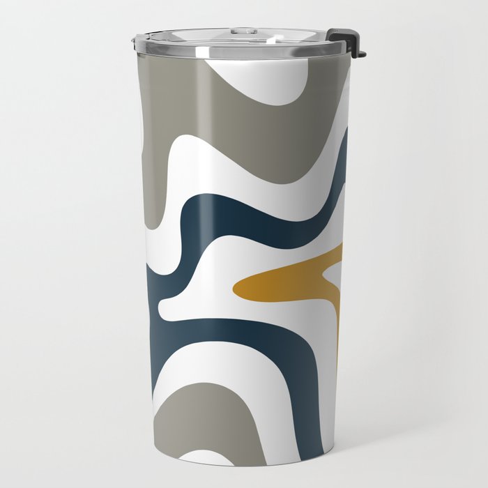 Liquid Swirl Abstract Pattern in Mustard, Navy, Gray, and White Travel Mug Gallery Image 2