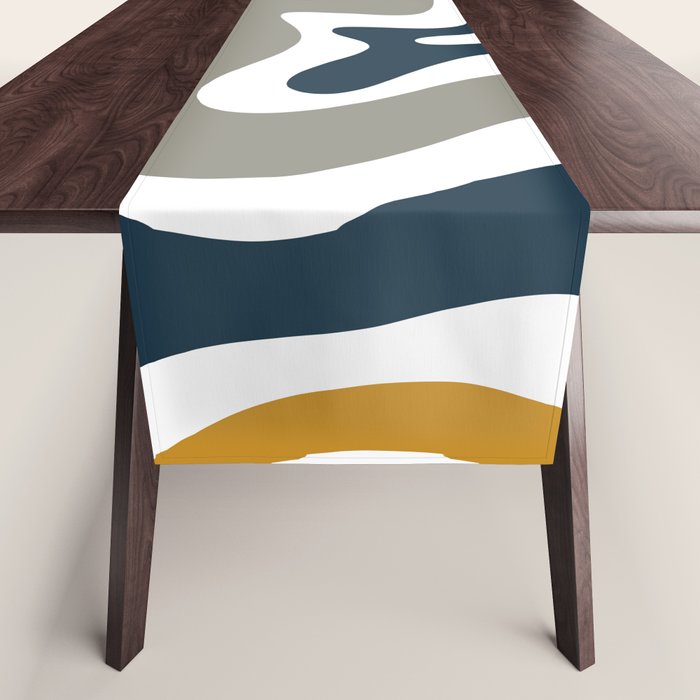 Liquid Swirl Abstract Pattern in Mustard, Navy, Gray, and White Table Runner Gallery Image 1