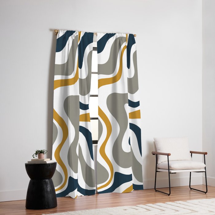 Liquid Swirl Abstract Pattern in Mustard, Navy, Gray, and White Window Curtain Gallery Image 2