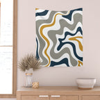 Liquid Swirl Abstract Pattern in Mustard, Navy, Gray, and White Wall Tapestry Gallery Image 2