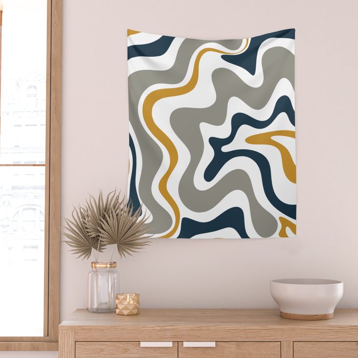 Liquid Swirl Abstract Pattern in Mustard, Navy, Gray, and White Wall Tapestry Gallery Image 2