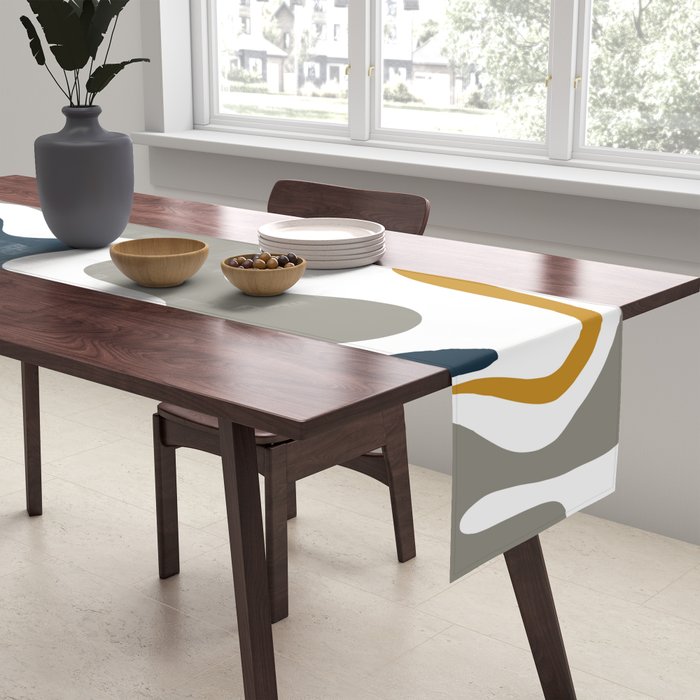 Liquid Swirl Abstract Pattern in Mustard, Navy, Gray, and White Table Runner Gallery Image 2