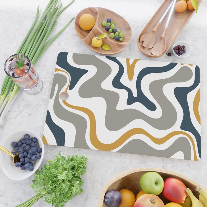 Liquid Swirl Abstract Pattern in Mustard, Navy, Gray, and White Cutting Board Gallery Image 2