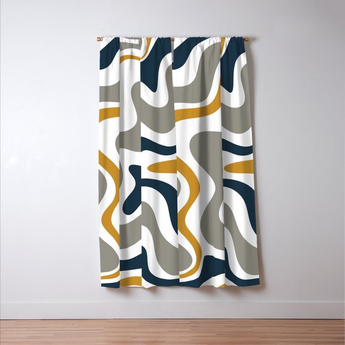 Liquid Swirl Abstract Pattern in Mustard, Navy, Gray, and White Window Curtain Gallery Image 3