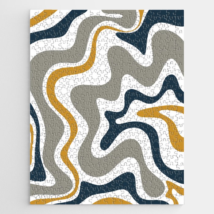 Liquid Swirl Abstract Pattern in Mustard, Navy, Gray, and White Jigsaw Puzzle Gallery Image 1