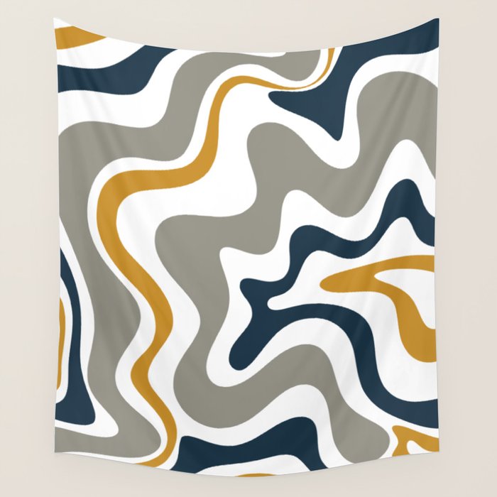 Liquid Swirl Abstract Pattern in Mustard, Navy, Gray, and White Wall Tapestry Gallery Image 1