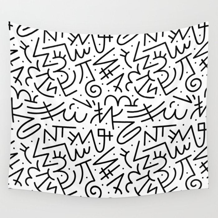 Abstract black and white line doodle pattern Wall Tapestry Gallery Image 4