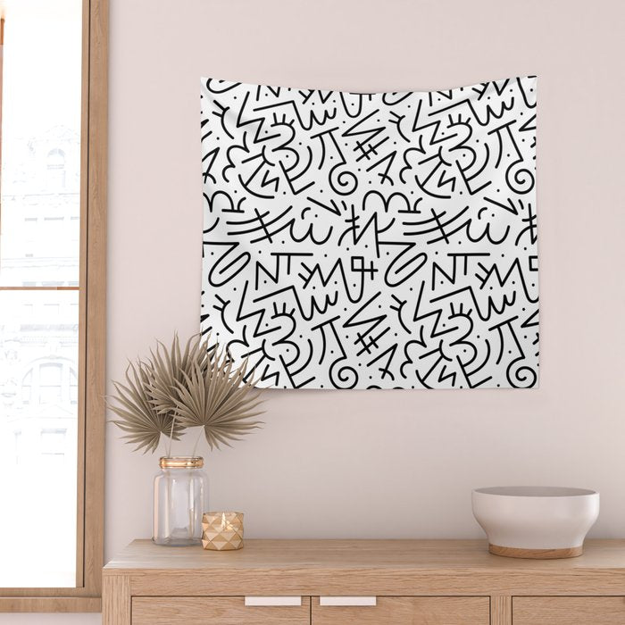 Abstract black and white line doodle pattern Wall Tapestry Gallery Image 2