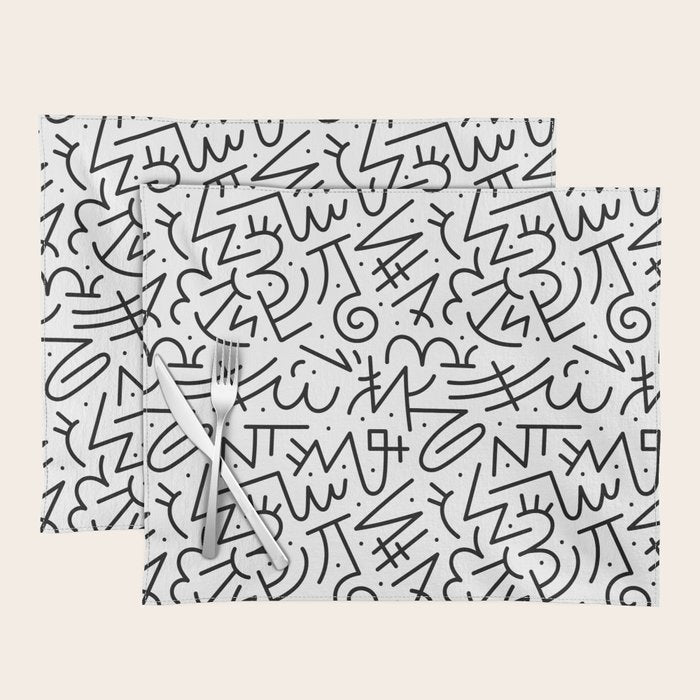 Abstract black and white line doodle pattern Placemat Gallery Image 1
