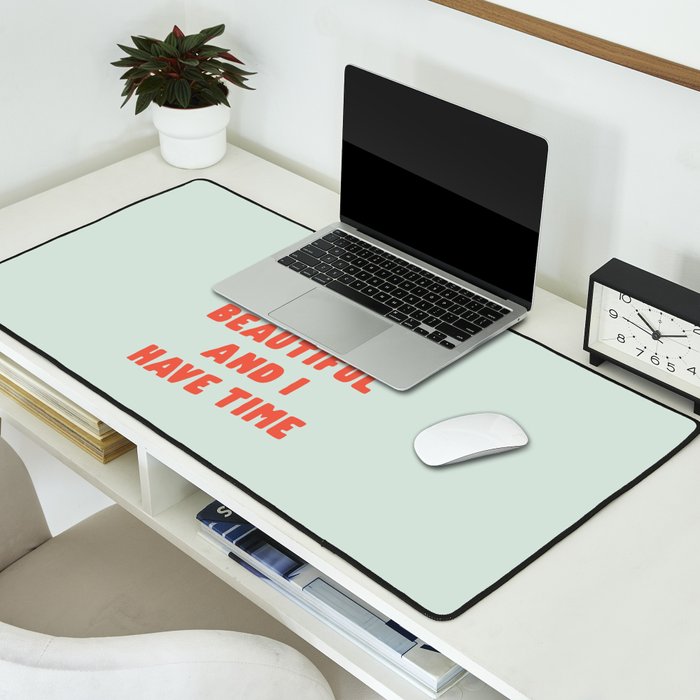 Actually Life is Beautiful and I Have Time typography print in pastel green and red Desk Mat Gallery Image 2