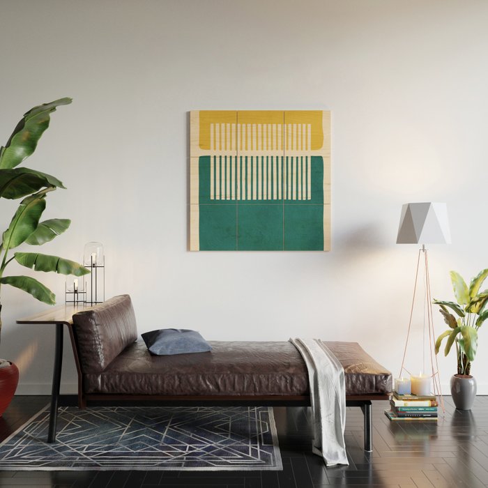 Teal Mustard MCM Bold Abstract Wood Wall Art Gallery Image 2