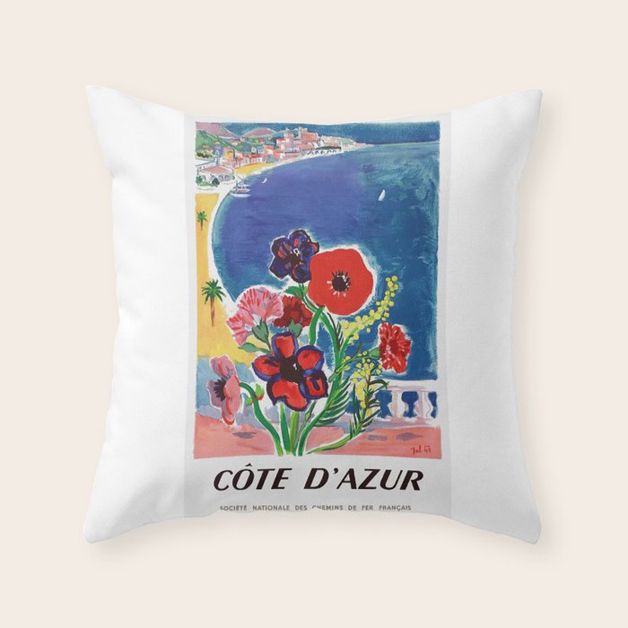 1947 FRANCE Cote d'Azur Travel Poster Throw Pillow Gallery Image 1