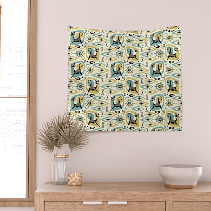Mid Century Cat Abstract - Gld/Blu ©studioxtine Wall Tapestry Gallery Image 2