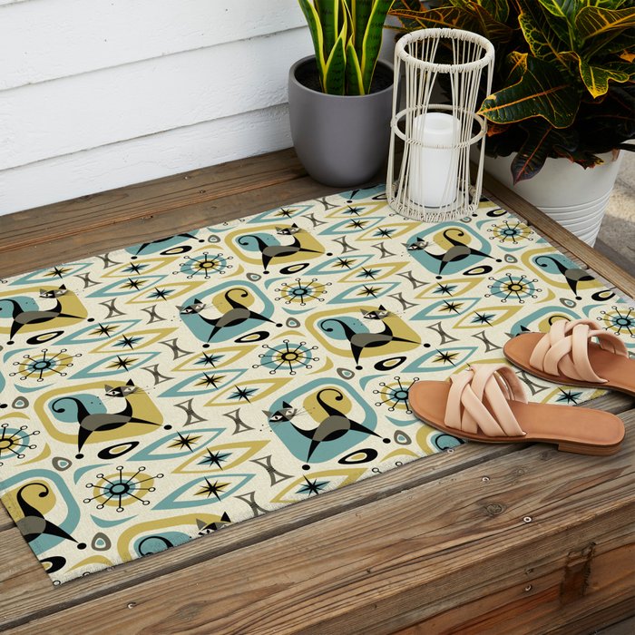 Mid Century Cat Abstract - Gld/Blu ©studioxtine Outdoor Rug Gallery Image 2