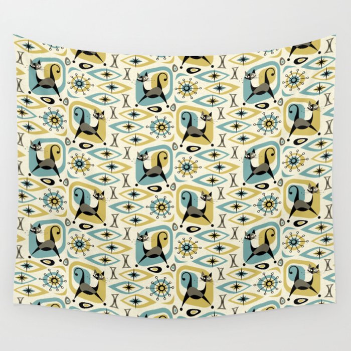 Mid Century Cat Abstract - Gld/Blu ©studioxtine Wall Tapestry Gallery Image 1
