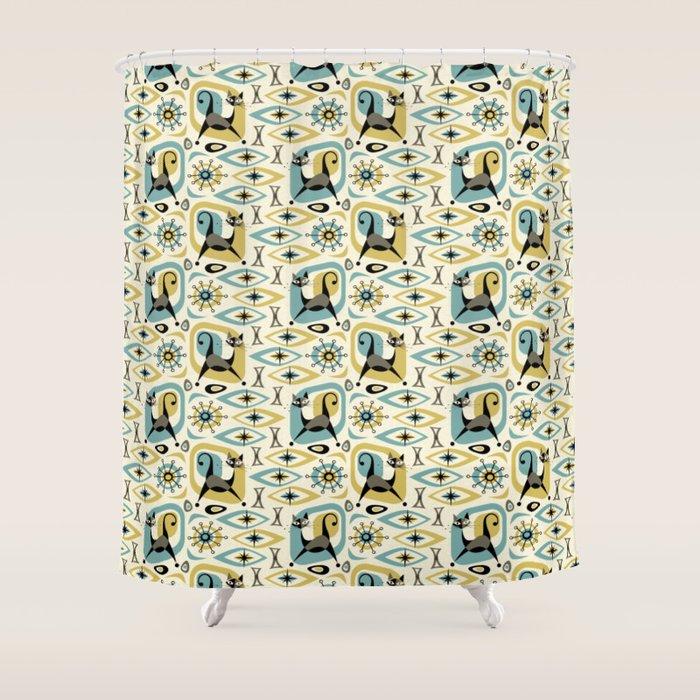 Mid Century Cat Abstract - Gld/Blu ©studioxtine Shower Curtain Gallery Image 1