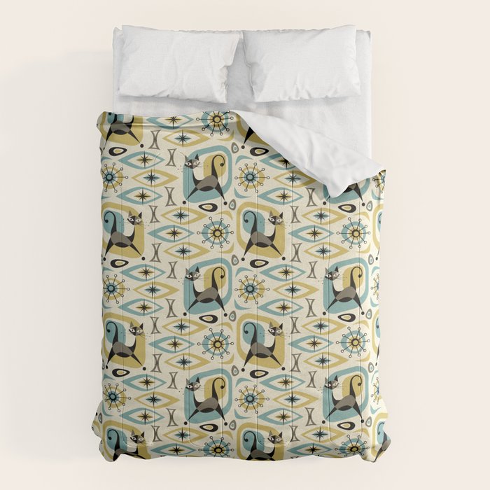 Mid Century Cat Abstract - Gld/Blu ©studioxtine Comforter Gallery Image 1