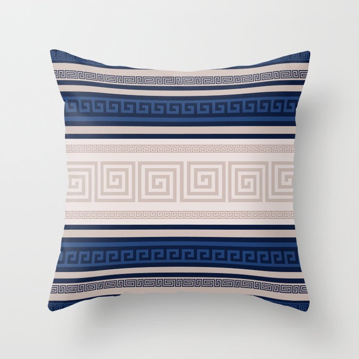Greek Key - Meander - Blue and Beige Throw Pillow Gallery Image 1