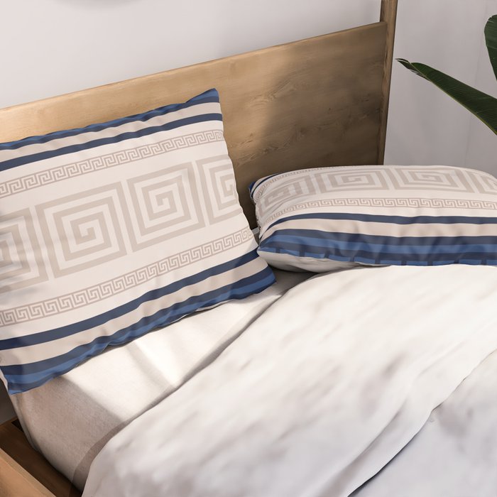 Greek Key - Meander - Blue and Beige Pillow Sham Gallery Image 2