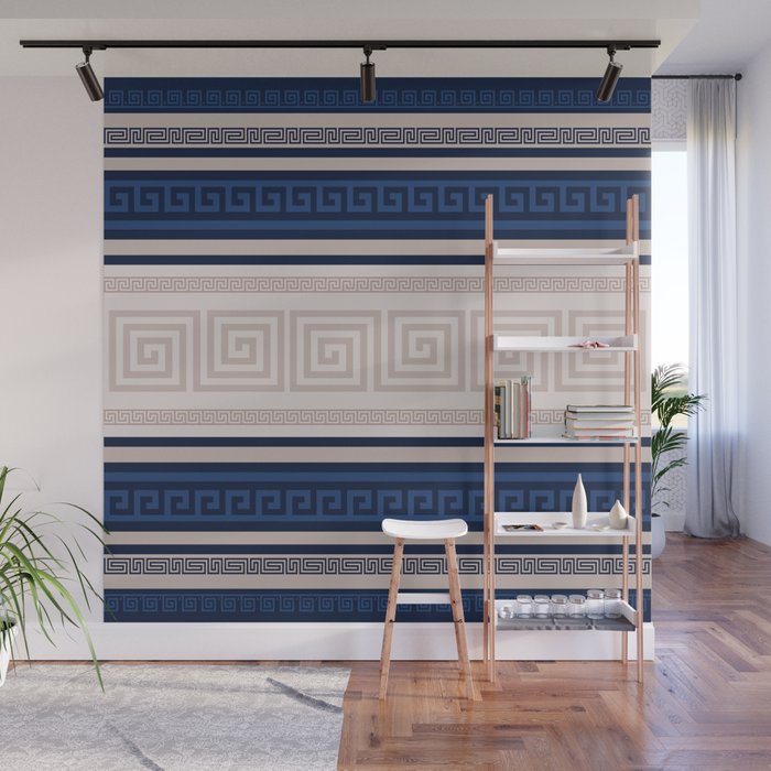 Greek Key - Meander - Blue and Beige Wall Mural Gallery Image 1