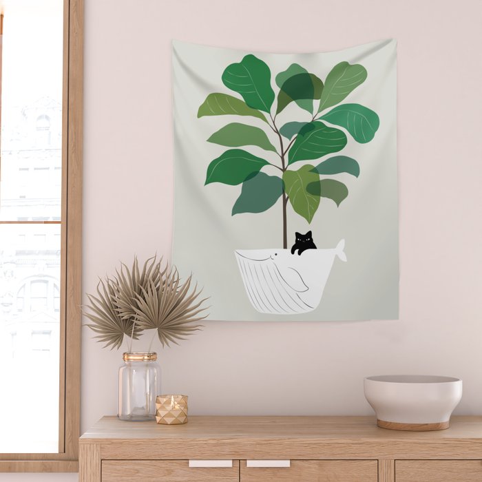 Cat and Plant 73: I got a Whale! Wall Tapestry Gallery Image 2