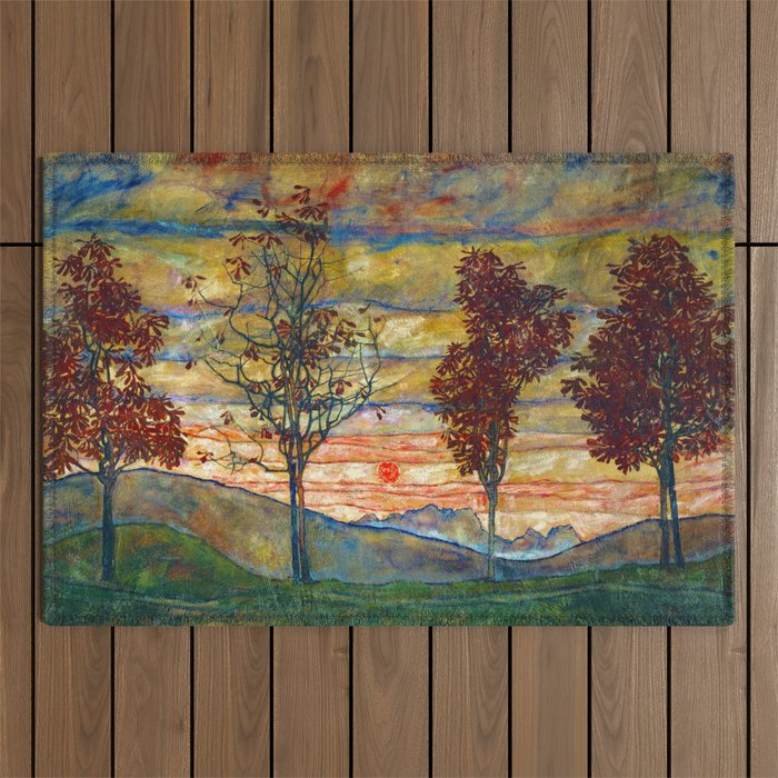 Four Trees with Red Leaves at Sunrise landscape painting by Egon Schiele Outdoor Rug Gallery Image 1