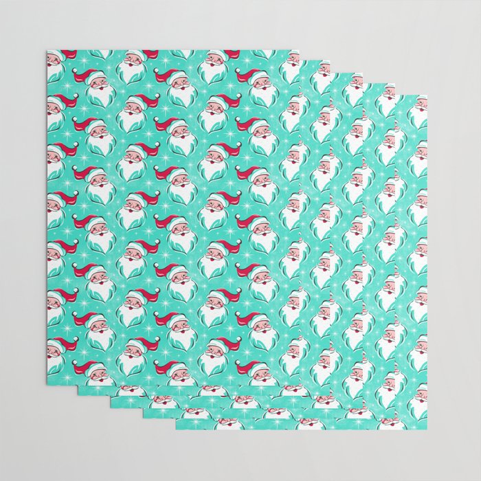 'Tis The Season Retro Santa Aqua Multi Pattern Wrapping Paper Gallery Image 3