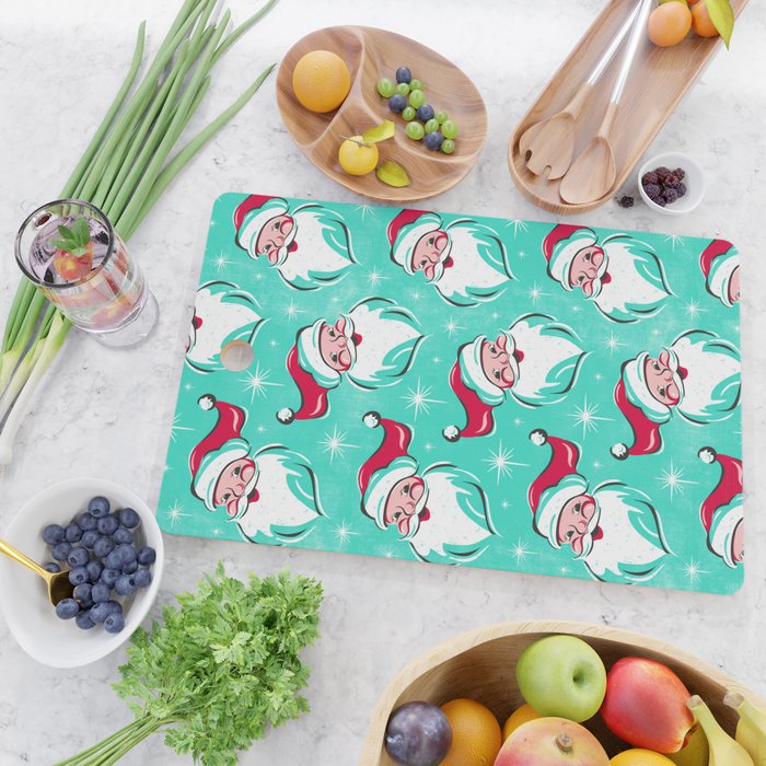 'Tis The Season Retro Santa Aqua Multi Pattern Cutting Board Gallery Image 2