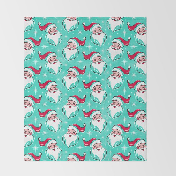 'Tis The Season Retro Santa Aqua Multi Pattern Throw Blanket Gallery Image 2